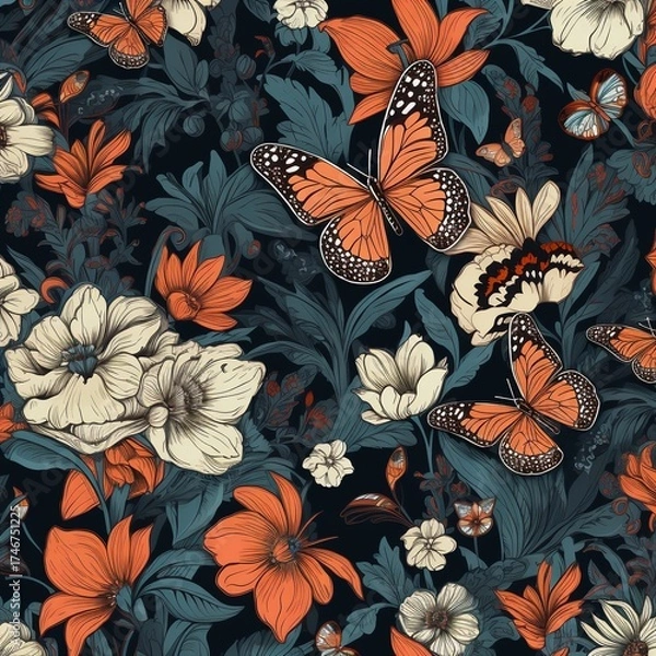 Fototapeta Vibrant garden filled with blooming flowers and colorful butterflies in a rich, dark background design, showcasing nature's beauty in exquisite patterns