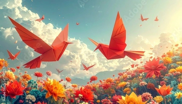 Fototapeta Red origami bird flying above colorful paper flowers and soft clouds.