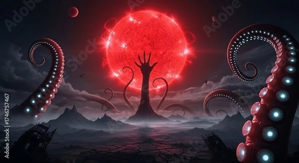 Fototapeta A colossal cosmic horror monster with giant tentacles rises from a desolate, misty landscape under a giant red sun.