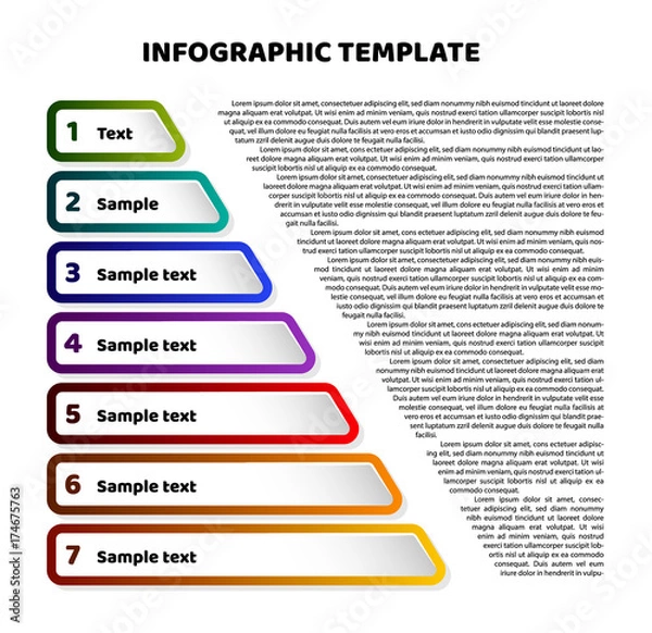Obraz Triangle pyramid infographic template with 7 steps. Sheet chart and text sample. For presentation and design concept. Vector illustration.