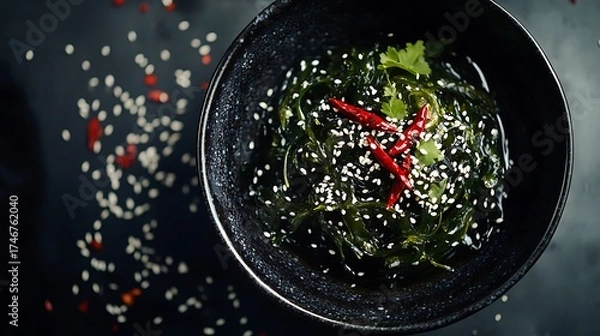 Obraz Wakame seaweed salad garnished with sesame seeds and chili peppers