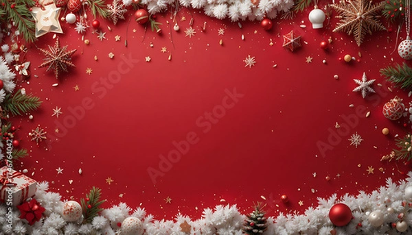 Obraz Festive christmas frame with ornaments and snow on red background