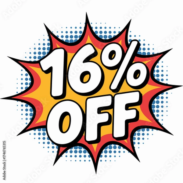 Obraz Eye-catching 16% Off Sale Announcement in Pop Art Style with Starburst Background and Bold Typography for Promotions and Discounts