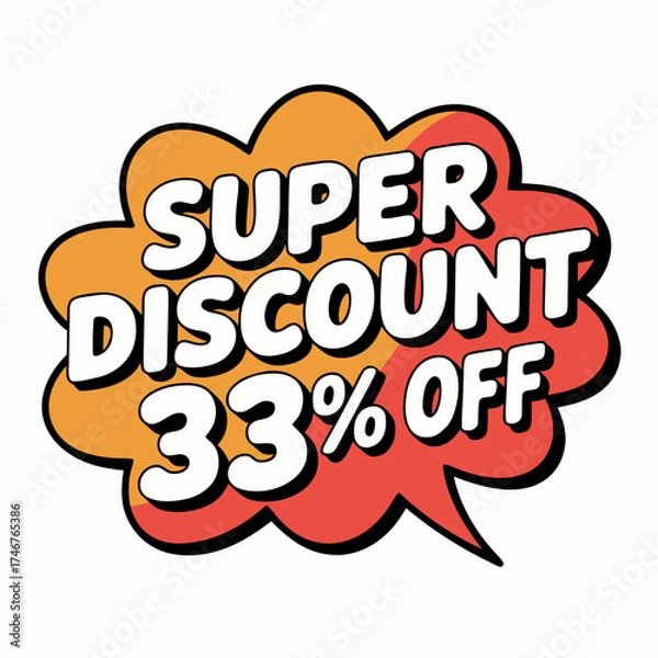 Obraz Eye-catching cartoon illustration of a super discount banner with 33% off promotion sticker and cloud-shaped speech bubble on a white backdrop for