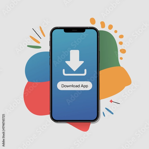 Obraz Modern smartphone download app symbol on screen with colorful abstract background mobile phone concept design illustration