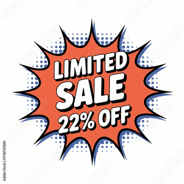 Obraz Pop art style Limited Sale promotion graphic with 22% off discount banner featuring starburst design against white background