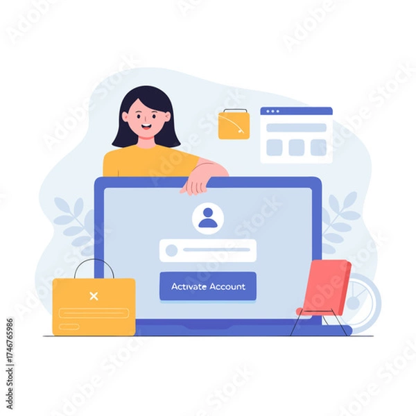 Obraz Smiling Female Using Computer to Activate Account with User Interface Elements for Online Access and Digital Security Illustration