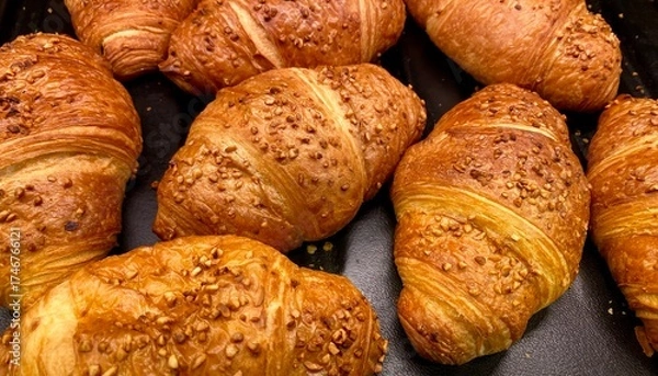 Fototapeta Golden baked croissants on a tray, showcasing crispy texture and appetizing aroma. Perfect for food blogs, bakery promotions, cafe menus, and breakfast-themed designs.