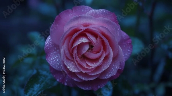 Fototapeta Stunning macro photograph capturing the exquisite detail of a pink rose covered in fresh water droplets, set against a dark and moody blue background.