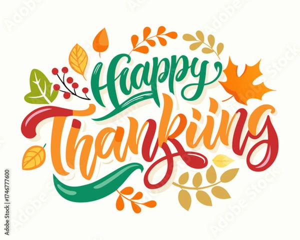 Fototapeta Happy Thanksgiving hand-lettered typography, festive style, vector illustration isolated on white background