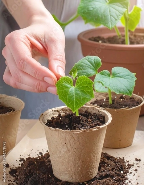 Fototapeta Woman planting cucumber seedlings in biodegradable pots