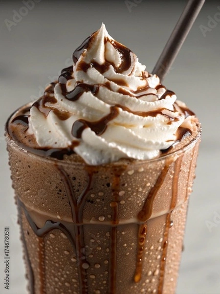 Fototapeta Decadent Chocolate Milkshake with Whipped Cream and Syrup Drizzle Close-up
Sweet and Cold Dessert Drink or Frappe Topped with Chocolate Sauce
Indulgent Creamy Beverage in a Glass with Condensation 