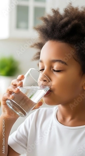 Obraz Healthy Young Boy Drinking Fresh Clear Water from a Glass Promoting Hydration and Well-being