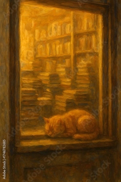 Fototapeta Cozy bookstore window with sleeping ginger cat, warm glow