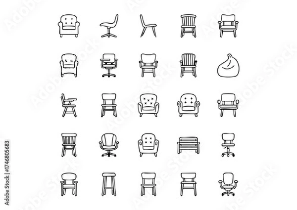Obraz Chair Icons Collection: 25 Unique Black & White Vector Designs, Vector Chair Furniture: Thick Line Drawing Icon Set, Monochrome Seating: 25 Detailed Outline Chair Icons