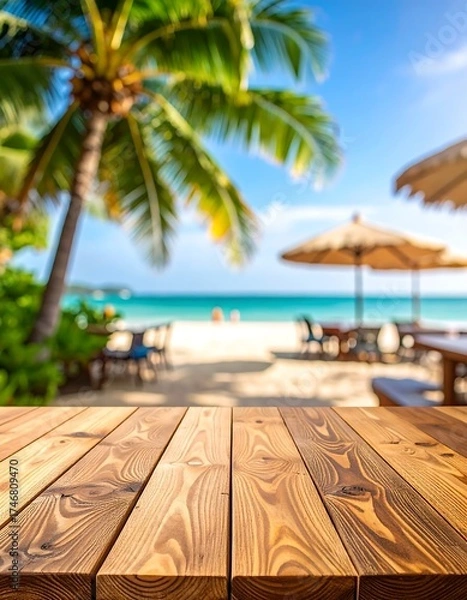 Fototapeta Wooden table on a tropical beach