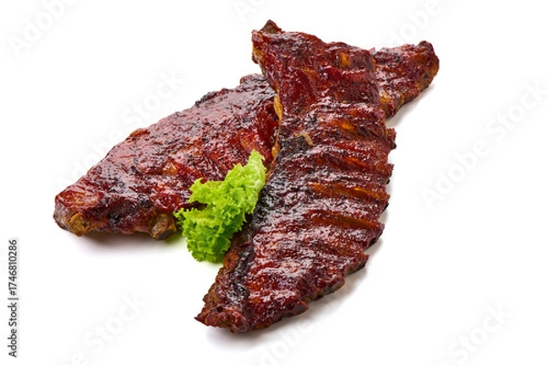 Fototapeta Barbecue Ribs with Lettuce, isolated on white background
