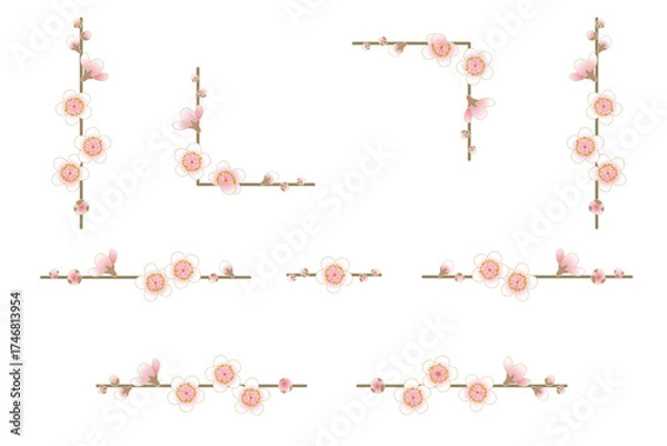 Fototapeta 白梅のライン素材セット｜梅の花の飾り罫, 和風デザイン, 春の装飾, 年賀状, 正月, 梅の枝, 和柄, ベクター, 背景透過, フレーム素材