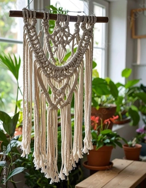 Fototapeta Woven wall hanging, cream colored,  in a room with plants