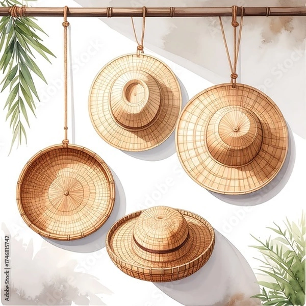 Fototapeta Woven hats and baskets hanging