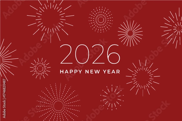 Fototapeta Happy New Year 2026 greeting with elegant line fireworks, festive minimalist design, modern holiday card, banner and invitation template – vector illustration