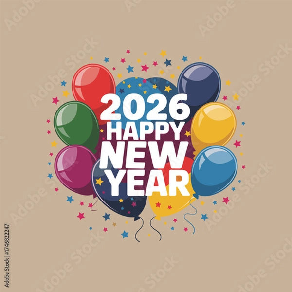 Fototapeta 2026 Happy New Year Celebration with Colorful Balloons and Confetti on Beige Background