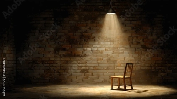 Fototapeta A single wooden chair sits in a dark, empty brick room under a harsh spotlight