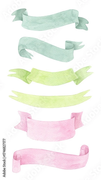 Fototapeta Set of bright watercolor ribbons in pink, green, and mint colors. Hand-painted decorative banners. Soft textured watercolor design.