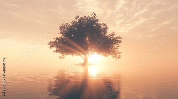 Fototapeta Solitary tree on a misty, tranquil water surface at sunrise