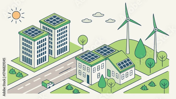 Fototapeta Sustainable city living featuring solar panels and wind turbines for clean energy, promising a greener future with eco-friendly technologies, modern design.