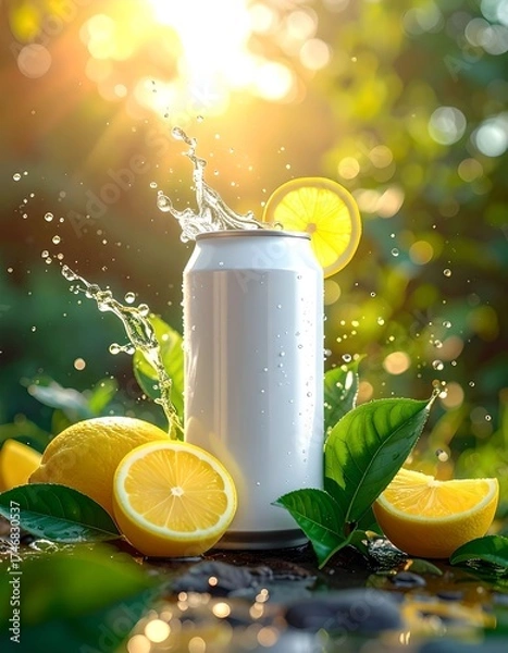 Fototapeta Chilled White Can With Lemon Slices and Tea Leaves