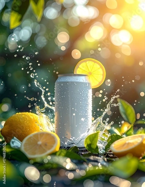 Fototapeta Chilled White Can With Lemon Slices and Tea Leaves
