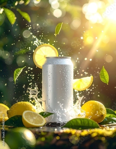 Fototapeta Chilled White Can With Lemon Slices and Tea Leaves