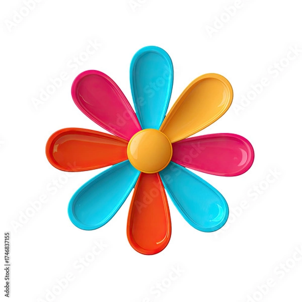 Fototapeta A stylized six-petal flower with vibrant, glossy petals in shades of pink, orange, and blue, centered on a bright yellow circular core