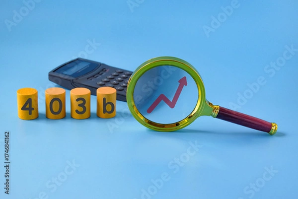 Fototapeta Business concept meaning 403b,Magnifier glass with calculator.