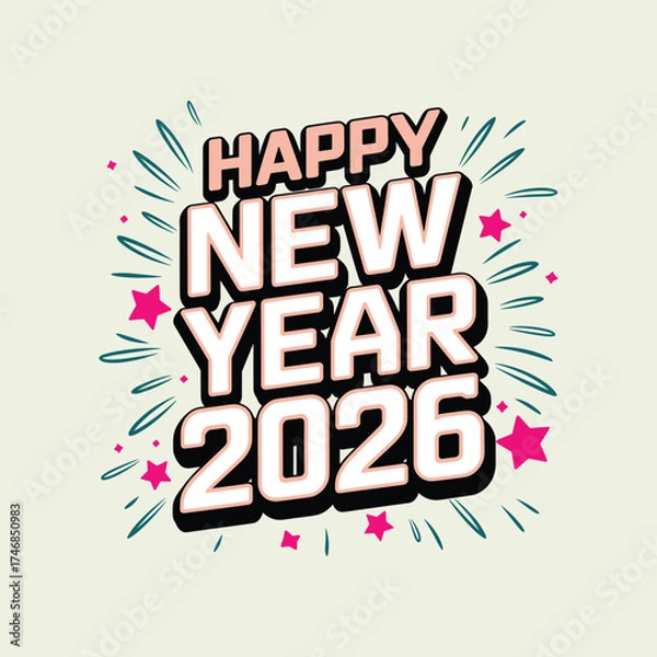 Obraz Happy New Year 2026 Bold Typography with Stars and Fireworks on Light Background