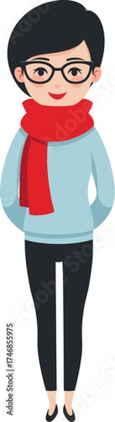 Fototapeta Young woman in casual outfit and red scarf stands confidently with hands in pockets in a cheerful isolated on transparent background. Vector illustration.