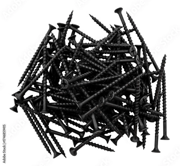 Fototapeta A pile of black screws on a white background. Screw isolate. Top view.