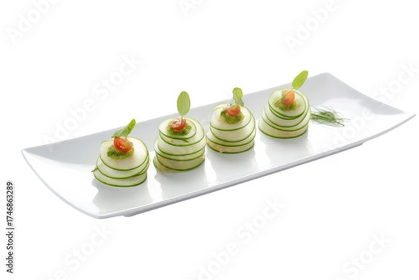 Fototapeta Cucumber appetizers with pesto and tomato on white plate