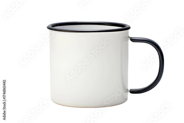 Fototapeta White enamel mug with black trim on a black backdrop