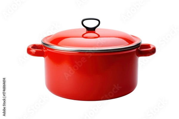 Fototapeta Shiny red enamel pot with lid