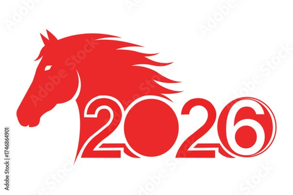 Fototapeta Stylized Red Horse Head with Flowing Mane Forming the Year 2026 in a Modern Artistic Design