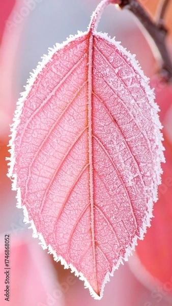 Obraz A close-up shot displays a pinkish-red leaf outlined with delicate frost crystals. The veins are clearly visible
