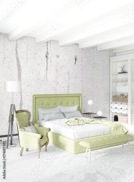 Fototapeta White bedroom or livingroom minimal style interior design with stylish wall and sofa. 3D Rendering. Conept of show room