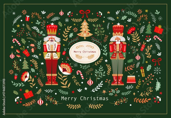 Obraz Traditional Merry Christmas greeting illustration. Holiday Christmas card with Nutcracker and decorative elements