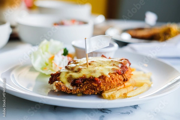 Obraz A serving of crispy chicken parmigiana or schnitzel topped with melted cheese, served with french fries and a salad on a white plate