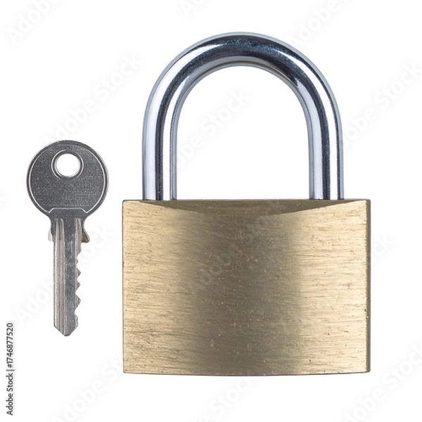 Obraz A close-up shot features a shiny padlock and its associated key against a pure white background. The metallic objects are detailed