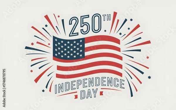 Fototapeta Independence 250th celebration graphic with american flag patterned numerals, starburst rays and flowing stripes, red white blue palette ideal for national holiday banners, event promotion