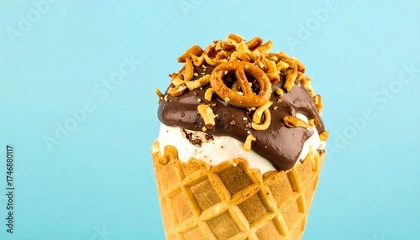Fototapeta A close-up shot features a waffle cone brimming with vanilla ice cream, drizzled with chocolate and topped with pretzels. The blue background contrasts the colors
