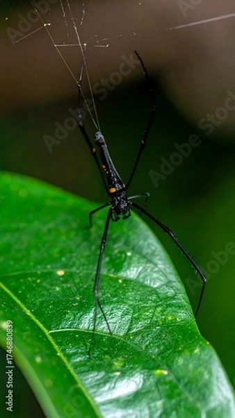 Obraz A close-up shot features an elongated black insect with orange markings on a vibrant green leaf. A web threads across
